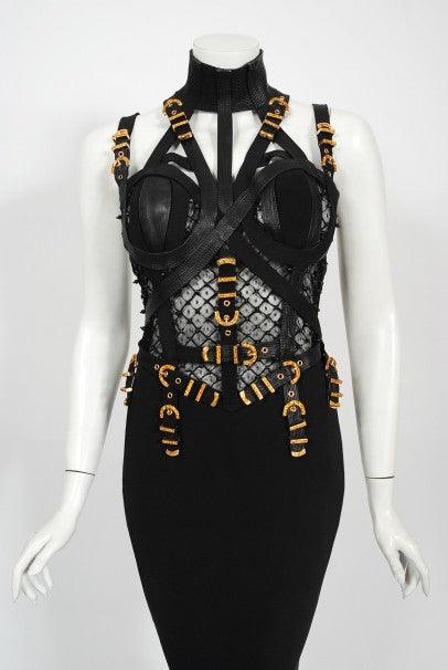 1992 Gianni Versace Couture Documented Black Bondage Silk Leather Gown - Timeless Vixen 1992 Gianni Versace Couture Documented Black Bondage Silk Leather Gown - Timeless Vixen