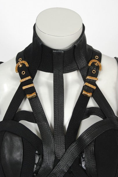 1992 Gianni Versace Couture Documented Black Bondage Silk Leather Gown