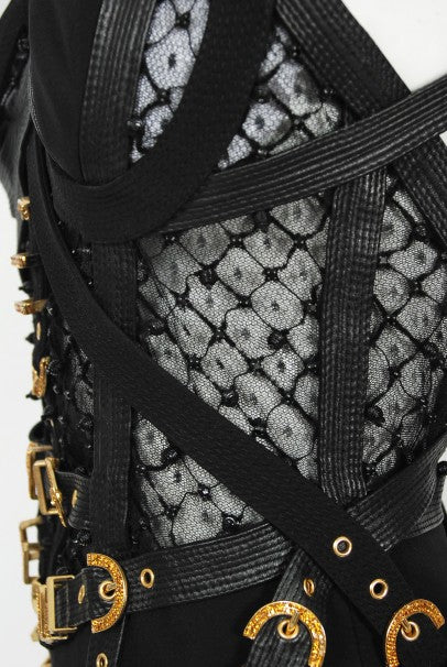 1992 Gianni Versace Couture Documented Black Bondage Silk Leather Gown