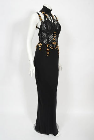 1992 Gianni Versace Couture Documented Black Bondage Silk Leather Gown