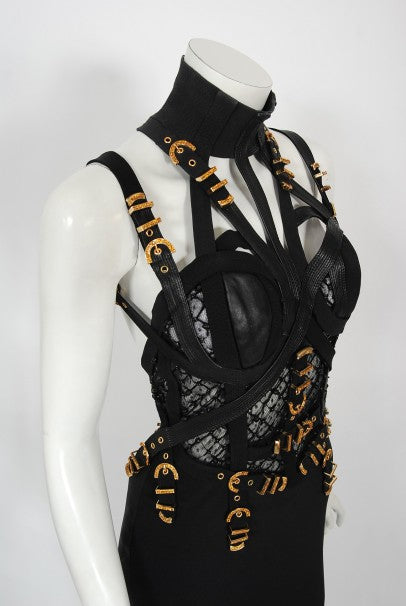 1992 Gianni Versace Couture Documented Black Bondage Silk Leather Gown