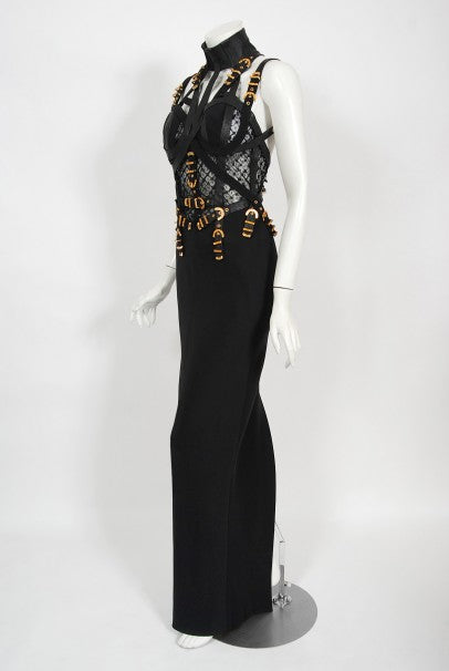 1992 Gianni Versace Couture Documented Black Bondage Silk Leather Gown