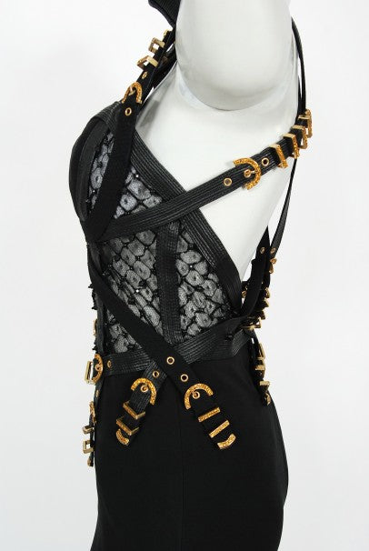 1992 Gianni Versace Couture Documented Black Bondage Silk Leather Gown