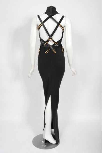 1992 Gianni Versace Couture Documented Black Bondage Silk Leather Gown
