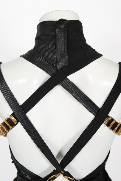 1992 Gianni Versace Couture Documented Black Bondage Silk Leather Gown