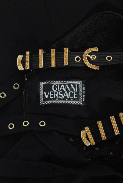 1992 Gianni Versace Couture Documented Black Bondage Silk Leather Gown