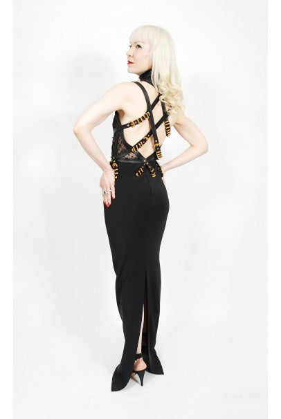 1992 Gianni Versace Couture Documented Black Bondage Silk Leather Gown