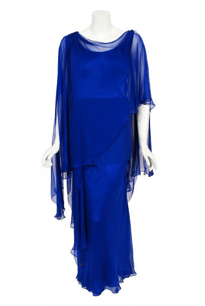 1967 Givenchy Haute Couture Cobalt Blue Draped Silk Chiffon Caftan Gown