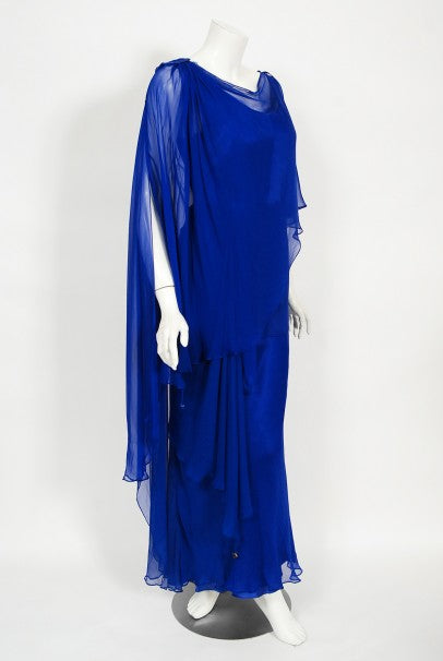 1967 Givenchy Haute Couture Cobalt Blue Draped Silk Chiffon Caftan Gown
