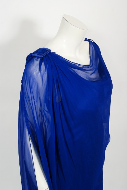 1967 Givenchy Haute Couture Cobalt Blue Draped Silk Chiffon Caftan Gown