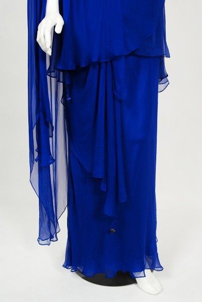 1967 Givenchy Haute Couture Cobalt Blue Draped Silk Chiffon Caftan Gown