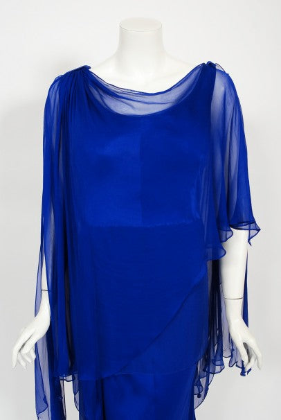 1967 Givenchy Haute Couture Cobalt Blue Draped Silk Chiffon Caftan Gown