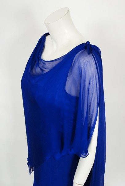 1967 Givenchy Haute Couture Cobalt Blue Draped Silk Chiffon Caftan Gown