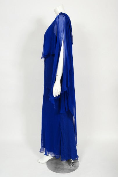1967 Givenchy Haute Couture Cobalt Blue Draped Silk Chiffon Caftan Gown