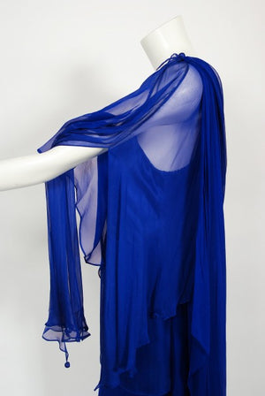 1967 Givenchy Haute Couture Cobalt Blue Draped Silk Chiffon Caftan Gown
