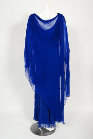 1967 Givenchy Haute Couture Cobalt Blue Draped Silk Chiffon Caftan Gown