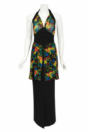 1970’s Molyneux Haute Couture Colorful Floral Silk Black Crepe Halter Gown