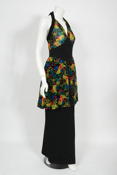 1970’s Molyneux Haute Couture Colorful Floral Silk Black Crepe Halter Gown