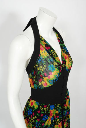 1970’s Molyneux Haute Couture Colorful Floral Silk Black Crepe Halter Gown