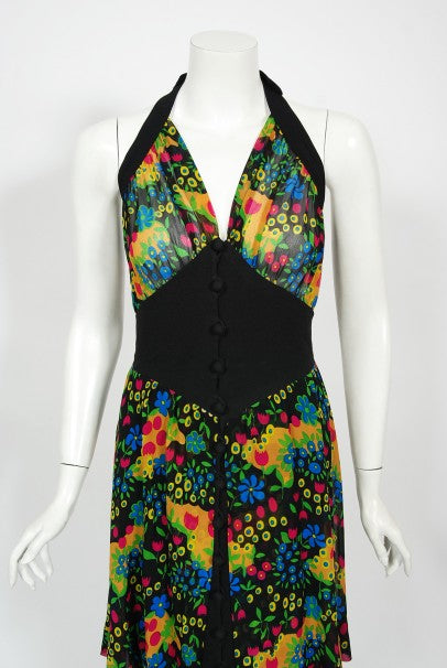 1970’s Molyneux Haute Couture Colorful Floral Silk Black Crepe Halter Gown