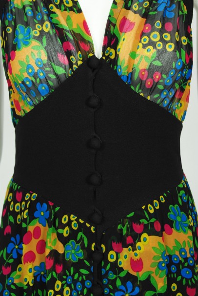 1970’s Molyneux Haute Couture Colorful Floral Silk Black Crepe Halter Gown