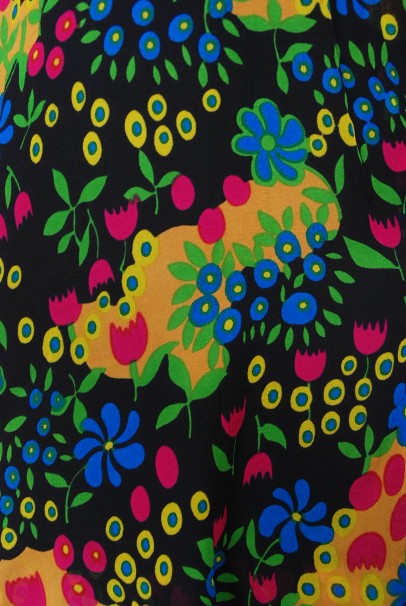 1970’s Molyneux Haute Couture Colorful Floral Silk Black Crepe Halter Gown