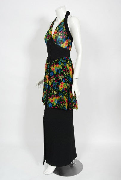 1970’s Molyneux Haute Couture Colorful Floral Silk Black Crepe Halter Gown