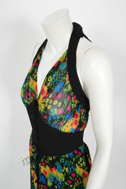 1970’s Molyneux Haute Couture Colorful Floral Silk Black Crepe Halter Gown