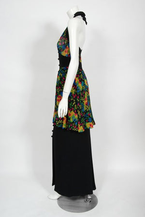 1970’s Molyneux Haute Couture Colorful Floral Silk Black Crepe Halter Gown