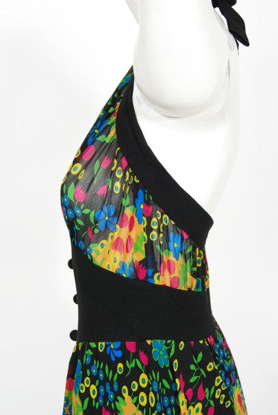 1970’s Molyneux Haute Couture Colorful Floral Silk Black Crepe Halter Gown