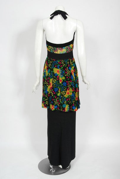 1970’s Molyneux Haute Couture Colorful Floral Silk Black Crepe Halter Gown