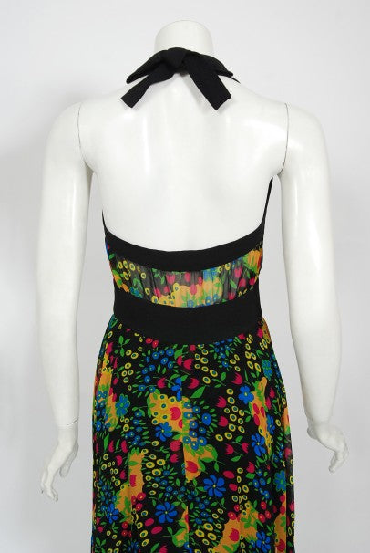 1970’s Molyneux Haute Couture Colorful Floral Silk Black Crepe Halter Gown