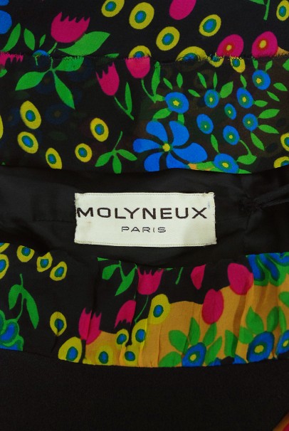 1970’s Molyneux Haute Couture Colorful Floral Silk Black Crepe Halter Gown