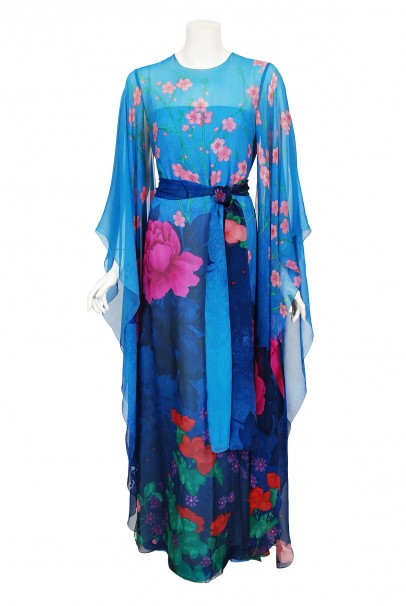 1976 Hanae Mori Couture Floral Silk Chiffon Belted Kimono-Sleeve Gown - Timeless Vixen 1976 Hanae Mori Couture Floral Silk Chiffon Belted Kimono-Sleeve Gown - Timeless Vixen