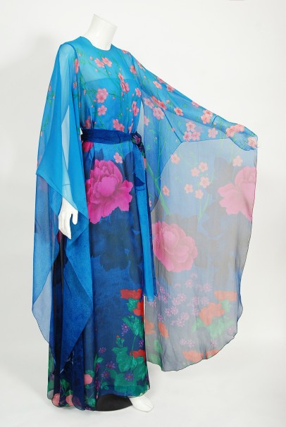 1976 Hanae Mori Couture Floral Silk Chiffon Belted Kimono-Sleeve Gown