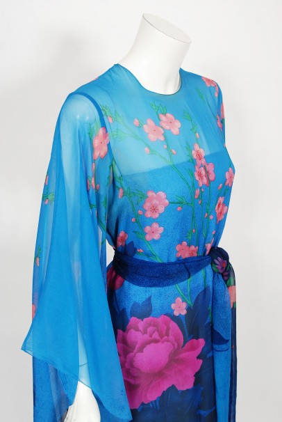 1976 Hanae Mori Couture Floral Silk Chiffon Belted Kimono 1976 Hanae Mori Couture Floral Silk Chiffon Belted Kimono