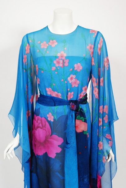 1976 Hanae Mori Couture Floral Silk Chiffon Belted Kimono-Sleeve Gown