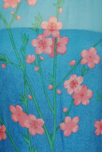 1976 Hanae Mori Couture Floral Silk Chiffon Belted Kimono-Sleeve Gown