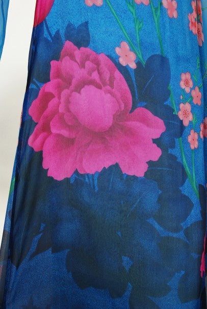 1976 Hanae Mori Couture Floral Silk Chiffon Belted Kimono-Sleeve Gown