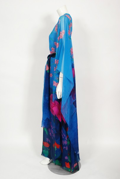 1976 Hanae Mori Couture Floral Silk Chiffon Belted Kimono-Sleeve Gown