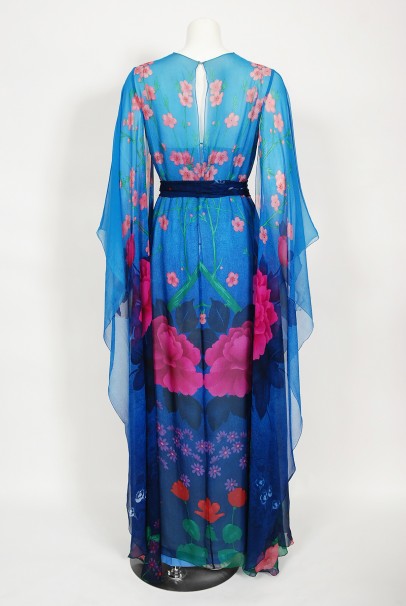 1976 Hanae Mori Couture Floral Silk Chiffon Belted Kimono-Sleeve Gown