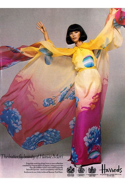 1976 Hanae Mori Couture Floral Silk Chiffon Belted Kimono-Sleeve Gown