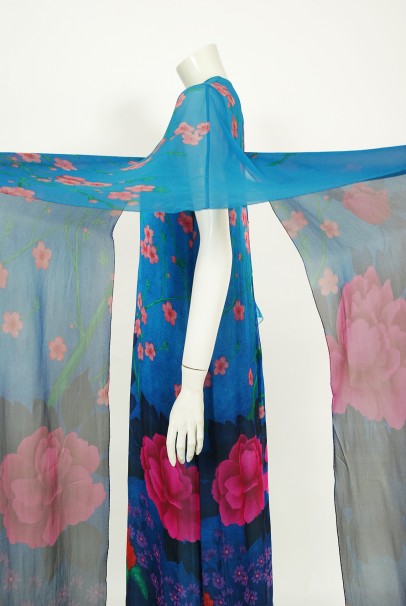 1976 Hanae Mori Couture Floral Silk Chiffon Belted Kimono-Sleeve Gown