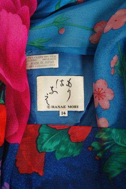 1976 Hanae Mori Couture Floral Silk Chiffon Belted Kimono-Sleeve Gown