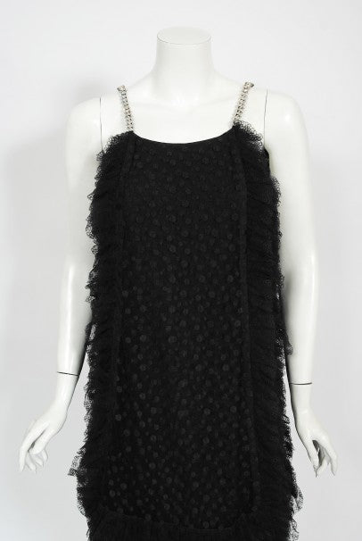 1967 Galanos Couture Documented Black Polka-Dot Lace Cocktail Dress