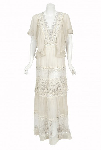 1970&#39;s Ivory Mixed Lace Sheer Cotton Bohemian Flutter-Sleeve Bridal Gown