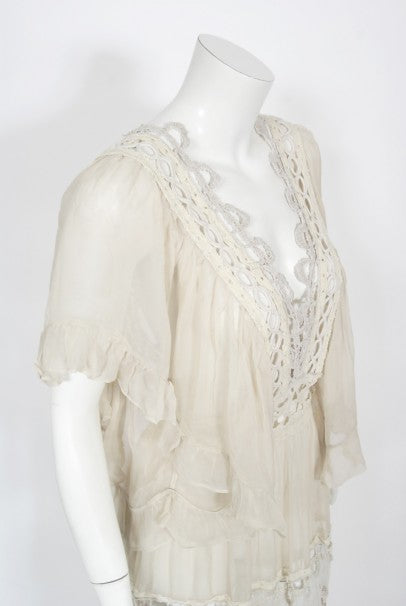 1970&#39;s Ivory Mixed Lace Sheer Cotton Bohemian Flutter-Sleeve Bridal Gown
