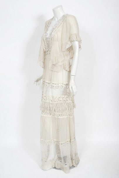 1970&#39;s Ivory Mixed Lace Sheer Cotton Bohemian Flutter-Sleeve Bridal Gown