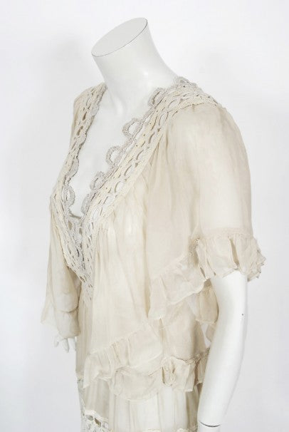 1970&#39;s Ivory Mixed Lace Sheer Cotton Bohemian Flutter-Sleeve Bridal Gown