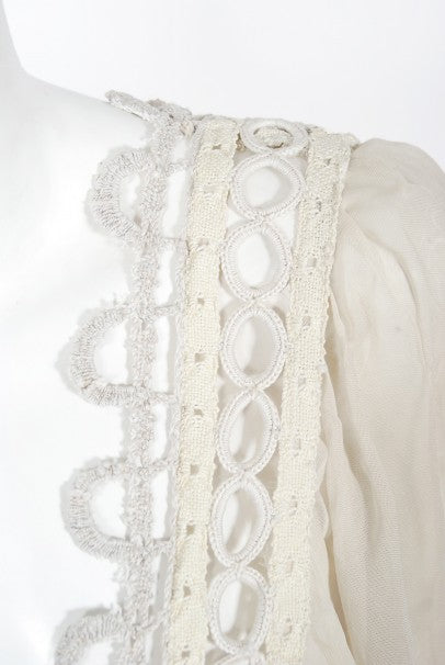 1970&#39;s Ivory Mixed Lace Sheer Cotton Bohemian Flutter-Sleeve Bridal Gown